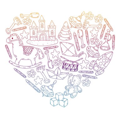 Küçük kızlar ve oğlanlar için ikonlar. El çizimi çocuk çizimi kalıpları. Anaokulu oyuncakları geçmişi. Vektör illüstrasyonu.