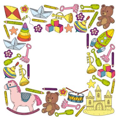 Küçük kızlar ve oğlanlar için ikonlar. El çizimi çocuk çizimi kalıpları. Anaokulu oyuncakları geçmişi. Vektör illüstrasyonu.