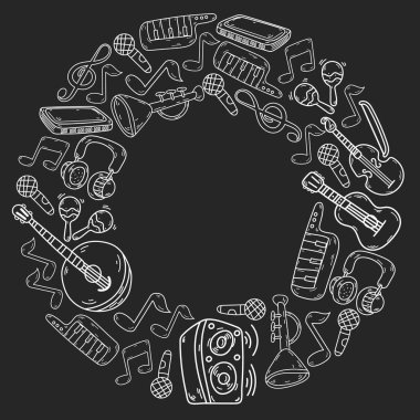 Müzik enstrümanları olan vektör müzik arkaplanı. Rock, piyano, gitar, caz. Melodi ve mikrofon. Konser.