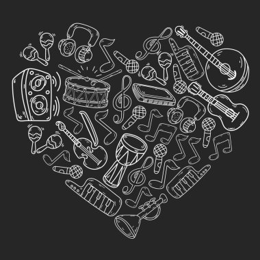 Müzik enstrümanları olan vektör müzik arkaplanı. Rock, piyano, gitar, caz. Melodi ve mikrofon. Konser.