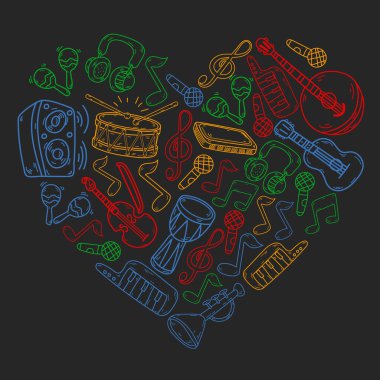 Müzik enstrümanları olan vektör müzik arkaplanı. Rock, piyano, gitar, caz. Melodi ve mikrofon. Konser.