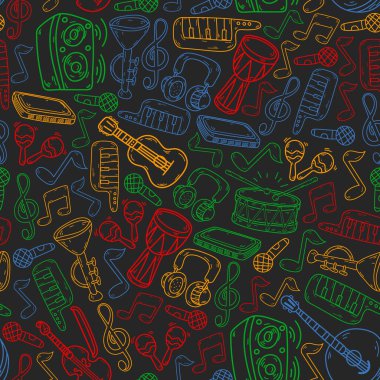 Müzik enstrümanları olan vektör müzik arkaplanı. Rock, piyano, gitar, caz. Melodi ve mikrofon. Konser.