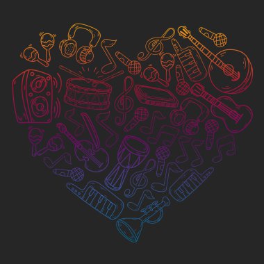 Müzik enstrümanları olan vektör müzik arkaplanı. Rock, piyano, gitar, caz. Melodi ve mikrofon. Konser.