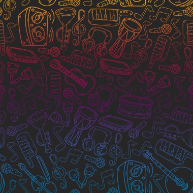 Müzik enstrümanları olan vektör müzik arkaplanı. Rock, piyano, gitar, caz. Melodi ve mikrofon. Konser.