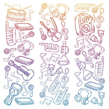 Müzik enstrümanları olan vektör müzik arkaplanı. Rock, piyano, gitar, caz. Melodi ve mikrofon. Konser.