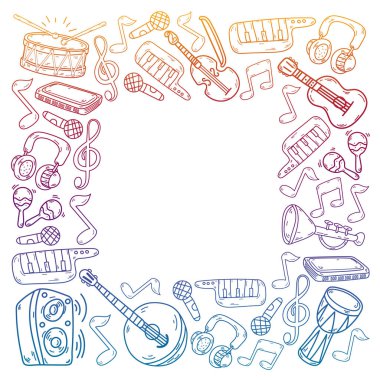 Müzik enstrümanları olan vektör müzik arkaplanı. Rock, piyano, gitar, caz. Melodi ve mikrofon. Konser.