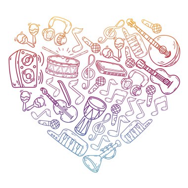 Müzik enstrümanları olan vektör müzik arkaplanı. Rock, piyano, gitar, caz. Melodi ve mikrofon. Konser.