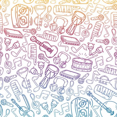 Müzik enstrümanları olan vektör müzik arkaplanı. Rock, piyano, gitar, caz. Melodi ve mikrofon. Konser.