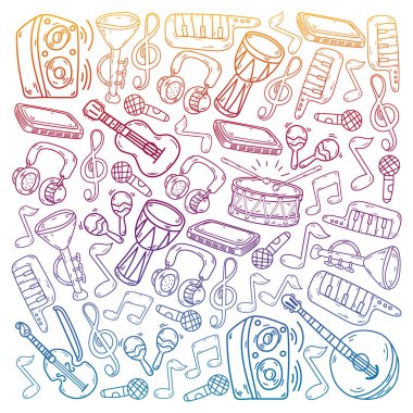 Müzik enstrümanları olan vektör müzik arkaplanı. Rock, piyano, gitar, caz. Melodi ve mikrofon. Konser.