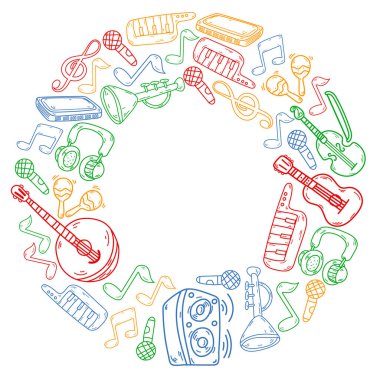 Müzik enstrümanları olan vektör müzik arkaplanı. Rock, piyano, gitar, caz. Melodi ve mikrofon. Konser.