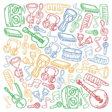 Müzik enstrümanları olan vektör müzik arkaplanı. Rock, piyano, gitar, caz. Melodi ve mikrofon. Konser.