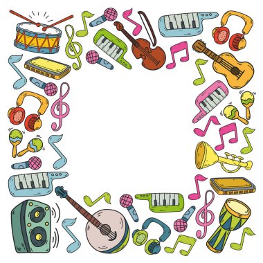 Müzik enstrümanları olan vektör müzik arkaplanı. Rock, piyano, gitar, caz. Melodi ve mikrofon. Konser.