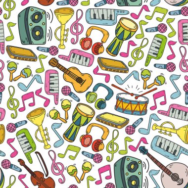 Müzik enstrümanları olan vektör müzik arkaplanı. Rock, piyano, gitar, caz. Melodi ve mikrofon. Konser.