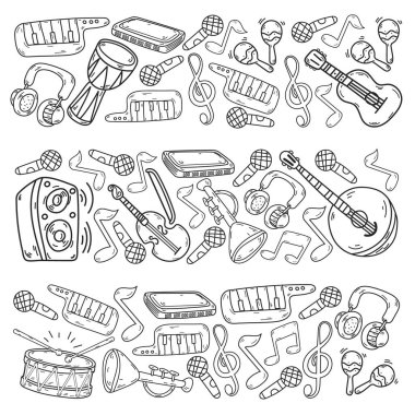 Müzik enstrümanları olan vektör müzik arkaplanı. Rock, piyano, gitar, caz. Melodi ve mikrofon. Konser.