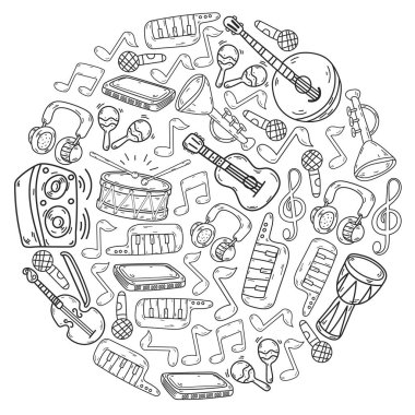 Müzik enstrümanları olan vektör müzik arkaplanı. Rock, piyano, gitar, caz. Melodi ve mikrofon. Konser.