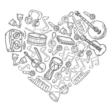 Müzik enstrümanları olan vektör müzik arkaplanı. Rock, piyano, gitar, caz. Melodi ve mikrofon. Konser.