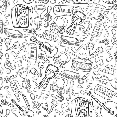 Müzik enstrümanları olan vektör müzik arkaplanı. Rock, piyano, gitar, caz. Melodi ve mikrofon. Konser.