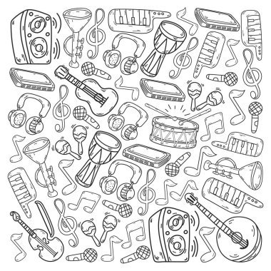 Müzik enstrümanları olan vektör müzik arkaplanı. Rock, piyano, gitar, caz. Melodi ve mikrofon. Konser.