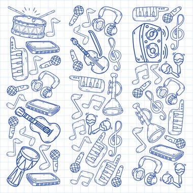 Müzik enstrümanları olan vektör müzik arkaplanı. Rock, piyano, gitar, caz. Melodi ve mikrofon. Konser.