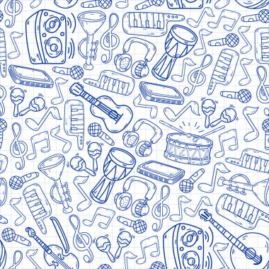 Müzik enstrümanları olan vektör müzik arkaplanı. Rock, piyano, gitar, caz. Melodi ve mikrofon. Konser.