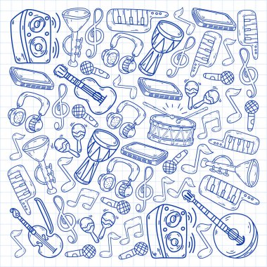 Müzik enstrümanları olan vektör müzik arkaplanı. Rock, piyano, gitar, caz. Melodi ve mikrofon. Konser.