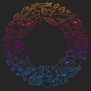 Çocuk korsan partisi. Korsanlığın sembolleri - şapka, kılıç, silahlar, hazine sandığı, gemi, siyah bayrak, neşeli roger amblemi, kafatası ve çapraz kemikler, pusula.