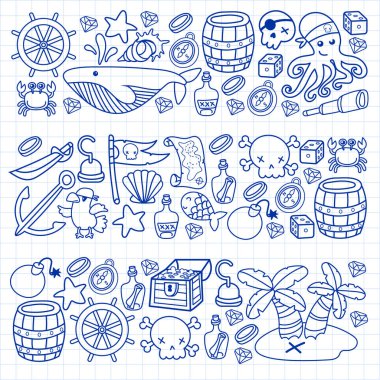 Çocuk korsan partisi. Korsanlığın sembolleri - şapka, kılıç, silahlar, hazine sandığı, gemi, siyah bayrak, neşeli roger amblemi, kafatası ve çapraz kemikler, pusula.