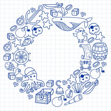 Çocuk korsan partisi. Korsanlığın sembolleri - şapka, kılıç, silahlar, hazine sandığı, gemi, siyah bayrak, neşeli roger amblemi, kafatası ve çapraz kemikler, pusula.