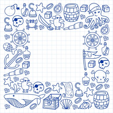 Çocuk korsan partisi. Korsanlığın sembolleri - şapka, kılıç, silahlar, hazine sandığı, gemi, siyah bayrak, neşeli roger amblemi, kafatası ve çapraz kemikler, pusula.