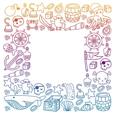 Çocuk korsan partisi. Korsanlığın sembolleri - şapka, kılıç, silahlar, hazine sandığı, gemi, siyah bayrak, neşeli roger amblemi, kafatası ve çapraz kemikler, pusula.