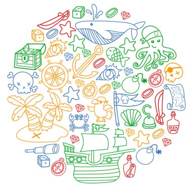 Çocuk korsan partisi. Korsanlığın sembolleri - şapka, kılıç, silahlar, hazine sandığı, gemi, siyah bayrak, neşeli roger amblemi, kafatası ve çapraz kemikler, pusula.