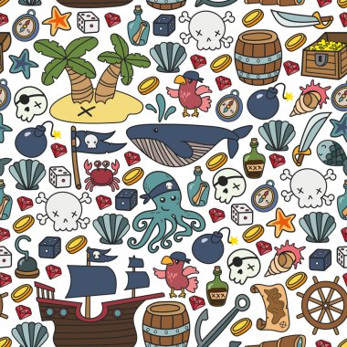 Çocuk korsan partisi. Korsanlığın sembolleri - şapka, kılıç, silahlar, hazine sandığı, gemi, siyah bayrak, neşeli roger amblemi, kafatası ve çapraz kemikler, pusula.