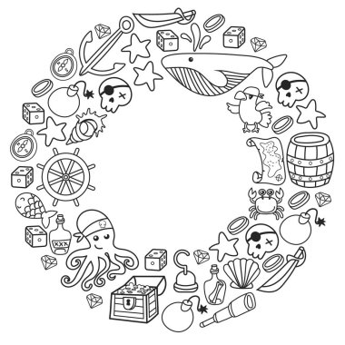 Çocuk korsan partisi. Korsanlığın sembolleri - şapka, kılıç, silahlar, hazine sandığı, gemi, siyah bayrak, neşeli roger amblemi, kafatası ve çapraz kemikler, pusula.