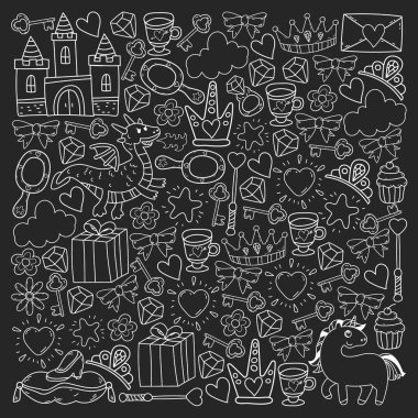 Prenses ve fantezi simgesi ve davetiye ve tebrik kartı tasarım unsuru.