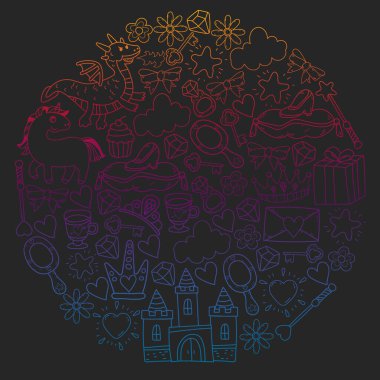 Prenses ve fantezi simgesi ve davetiye ve tebrik kartı tasarım unsuru.