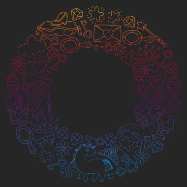 Prenses ve fantezi simgesi ve davetiye ve tebrik kartı tasarım unsuru.