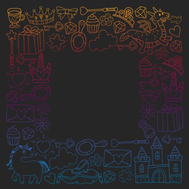 Prenses ve fantezi simgesi ve davetiye ve tebrik kartı tasarım unsuru.