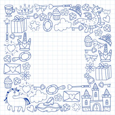 Prenses ve fantezi simgesi ve davetiye ve tebrik kartı tasarım unsuru.