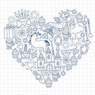 Prenses ve fantezi simgesi ve davetiye ve tebrik kartı tasarım unsuru.