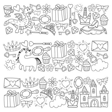 Prenses ve fantezi simgesi ve davetiye ve tebrik kartı tasarım unsuru.