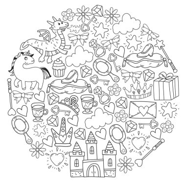 Prenses ve fantezi simgesi ve davetiye ve tebrik kartı tasarım unsuru.