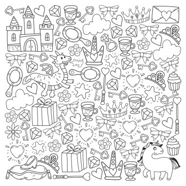 Prenses ve fantezi simgesi ve davetiye ve tebrik kartı tasarım unsuru.