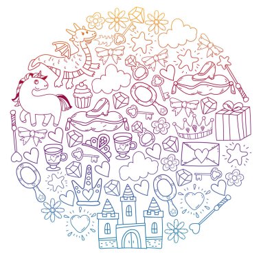 Prenses ve fantezi simgesi ve davetiye ve tebrik kartı tasarım unsuru.