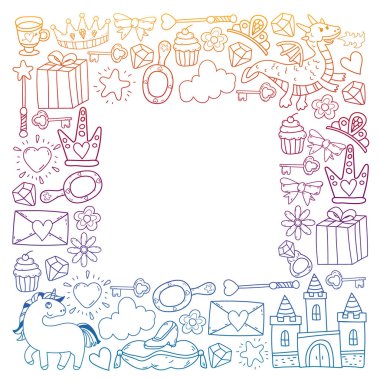 Prenses ve fantezi simgesi ve davetiye ve tebrik kartı tasarım unsuru.