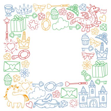 Prenses ve fantezi simgesi ve davetiye ve tebrik kartı tasarım unsuru.