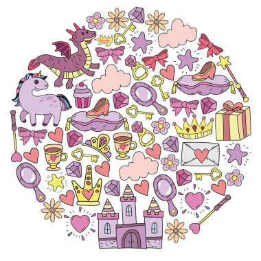 Prenses ve fantezi simgesi ve davetiye ve tebrik kartı tasarım unsuru.