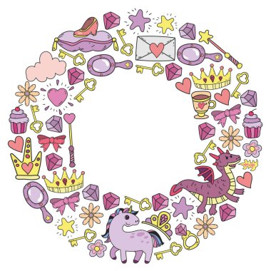 Prenses ve fantezi simgesi ve davetiye ve tebrik kartı tasarım unsuru.