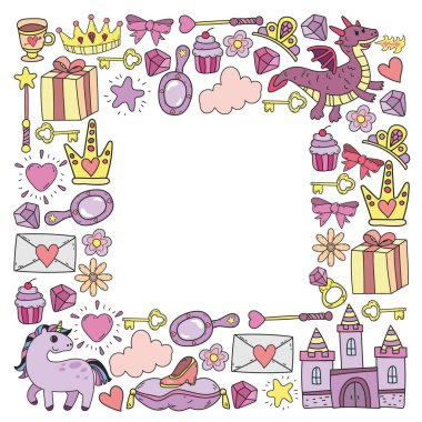 Prenses ve fantezi simgesi ve davetiye ve tebrik kartı tasarım unsuru.