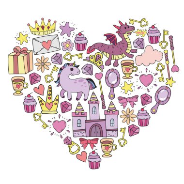 Prenses ve fantezi simgesi ve davetiye ve tebrik kartı tasarım unsuru.