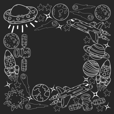 Vektör karalama uzay deseni. Dünya, Ay, Jüpiter, Güneş, Satürn.